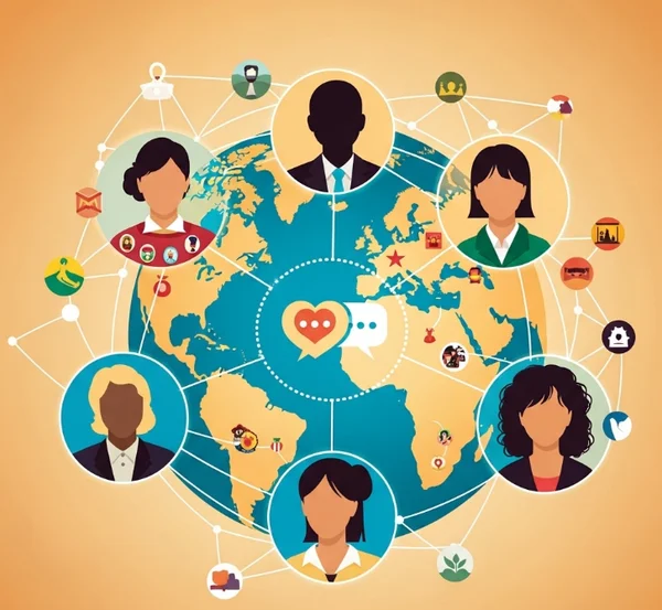 Diverse group of abstract figures connecting online globally