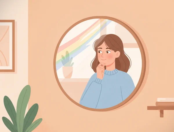 Una giovane persona che guarda pensierosa in uno specchio, esplorando la propria identità