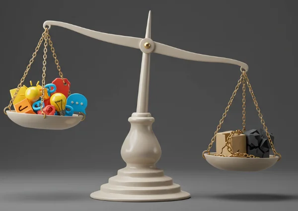 Stylized balance scale weighing pros and cons of labels