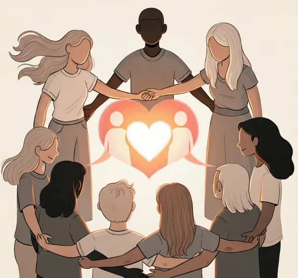 Diverse group of supportive figures in an affirming community