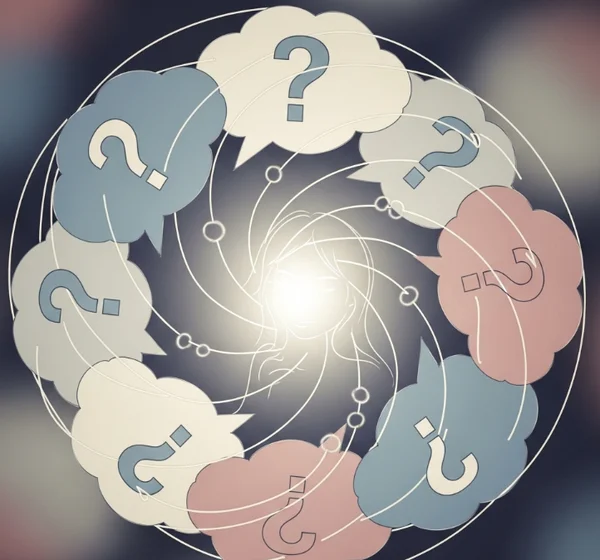 Thought bubbles and question marks for self-reflection