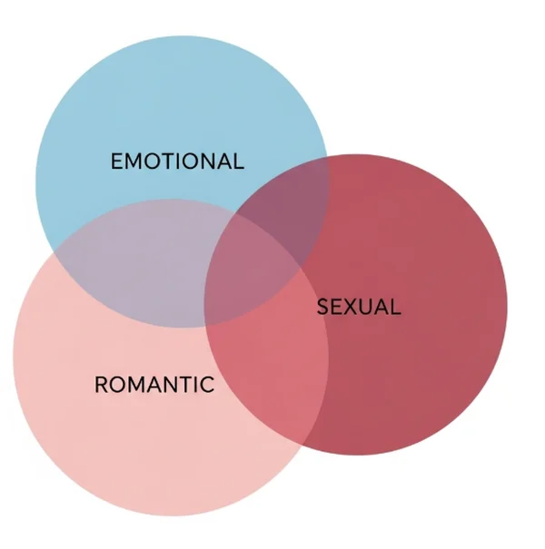 Diagrama abstrato mostrando atrações emocionais, românticas e sexuais