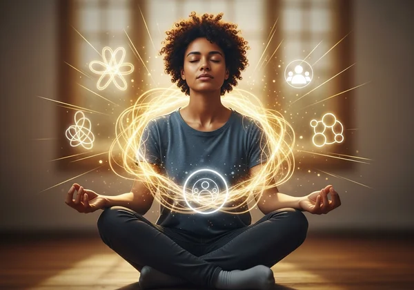 Person reflecting, surrounded by symbols of support.