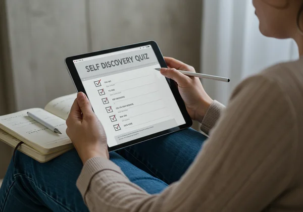 Pessoa refletindo, interface de questionário para autodescoberta