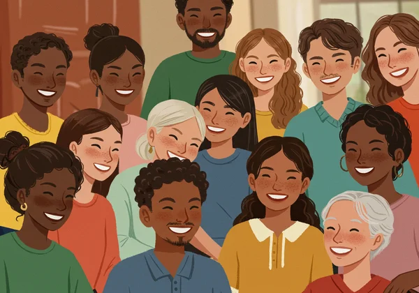 Um grupo diverso de pessoas sorrindo em uma comunidade de apoio