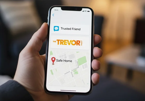 Hand holding phone, safe contacts, emergency resources