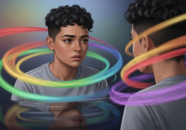 Person reflecting, colorful abstract representation of identity